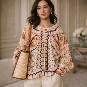 FARM Rio Jaipur Boho Blouse Pink Paisley Print Long Sleeve Medium